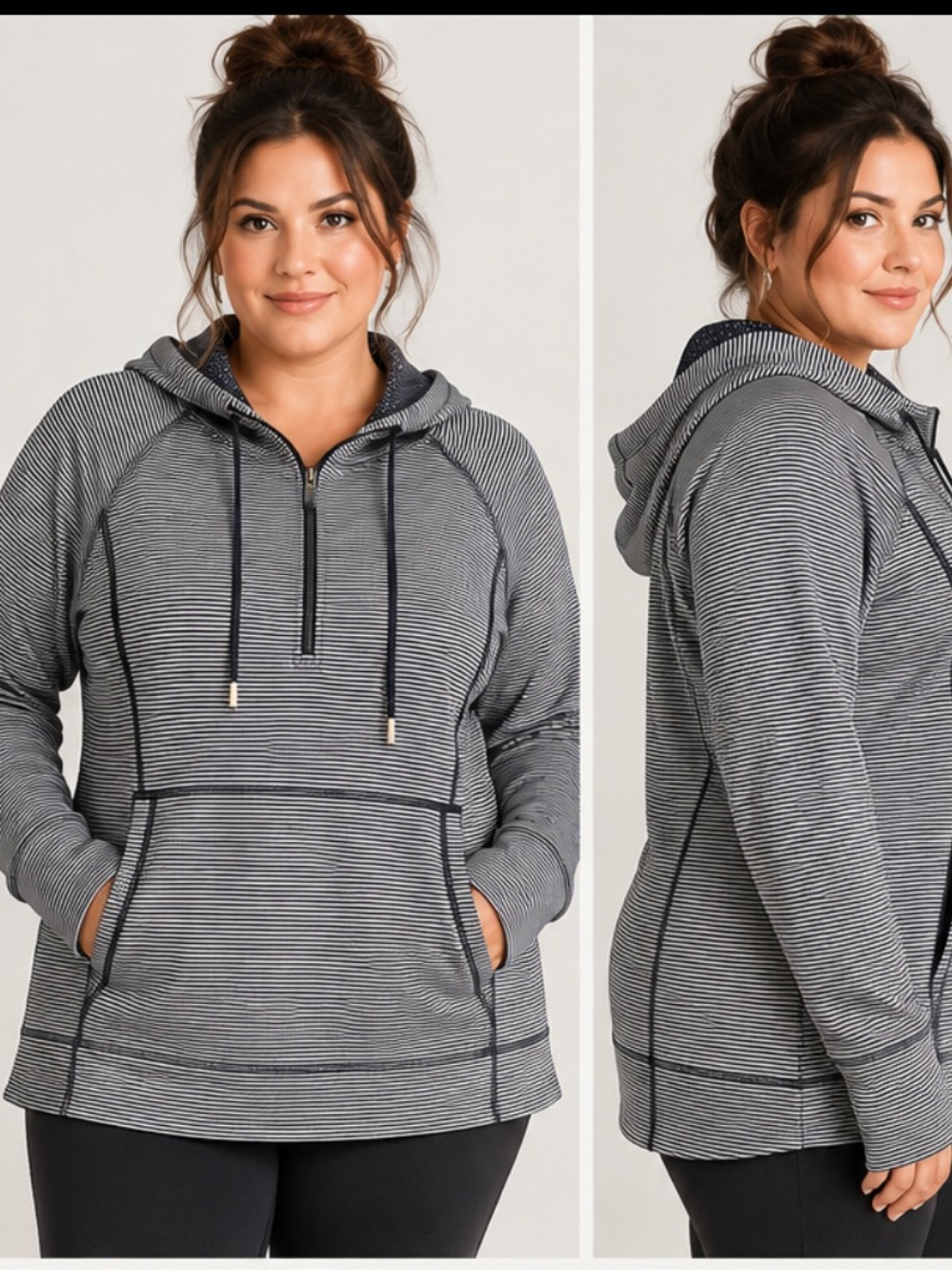 Athleta navy and White Striped Half-Zip Hoodie Sweater size L